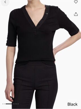 10 Crosby Derek Lam Adrian Black Ribbed V-Neck Button Elbow-Sleeve Top